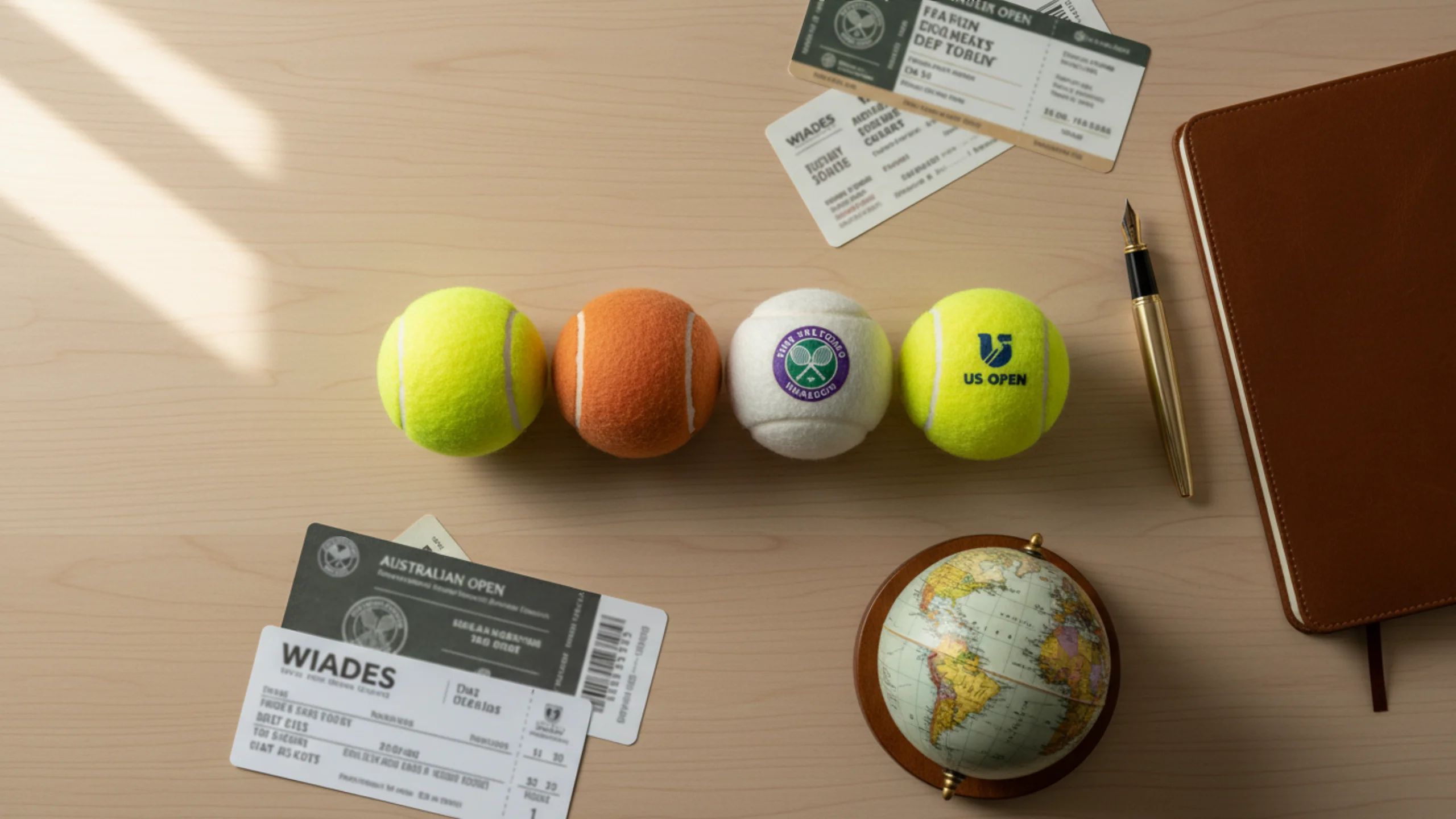 Planungsszene für Grand-Slam-Turniere 2026 mit vier Tennisbällen und Notizbuch