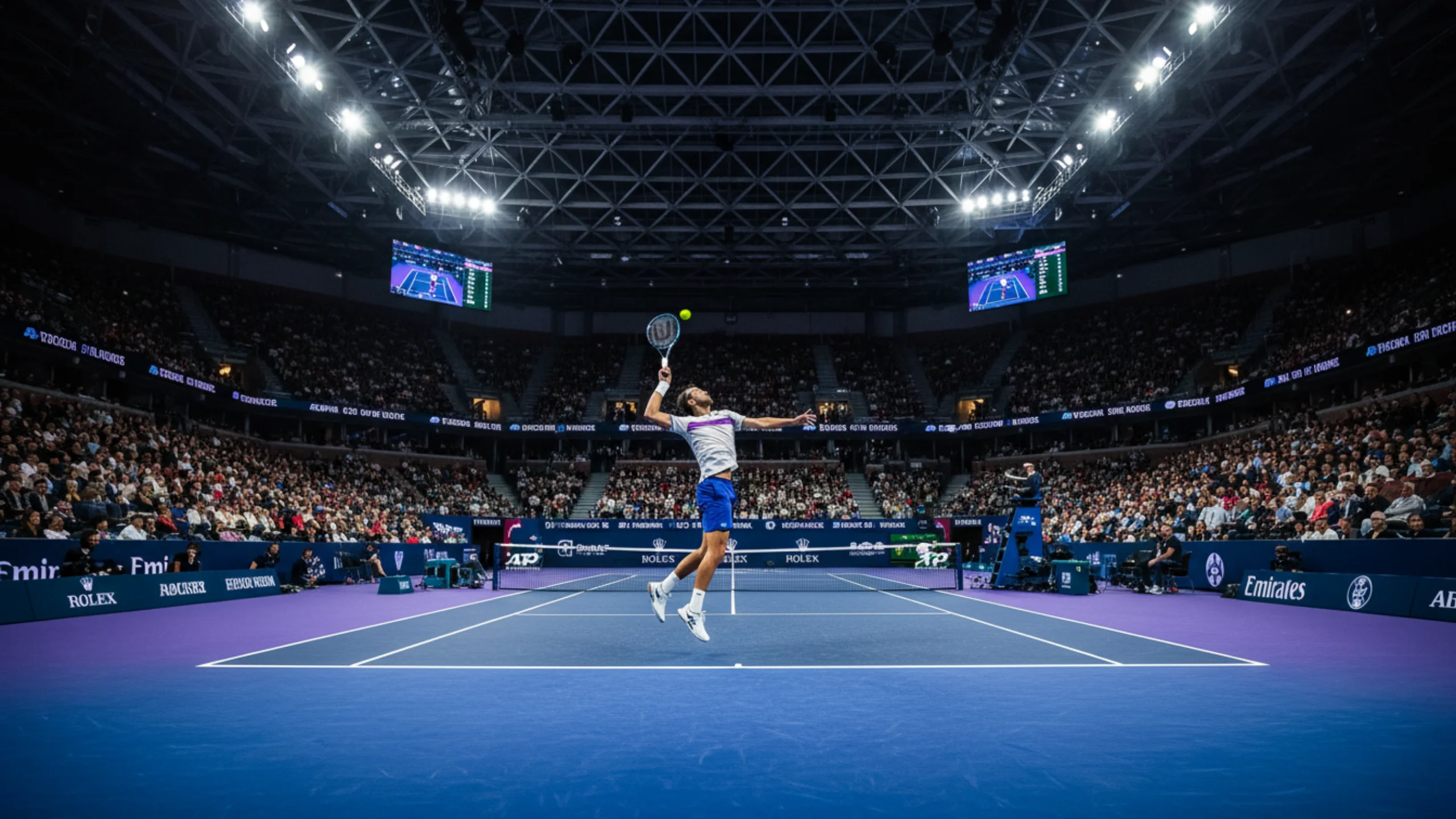 Indoor Tennishalle bei einem ATP Turnier mit professioneller Beleuchtung