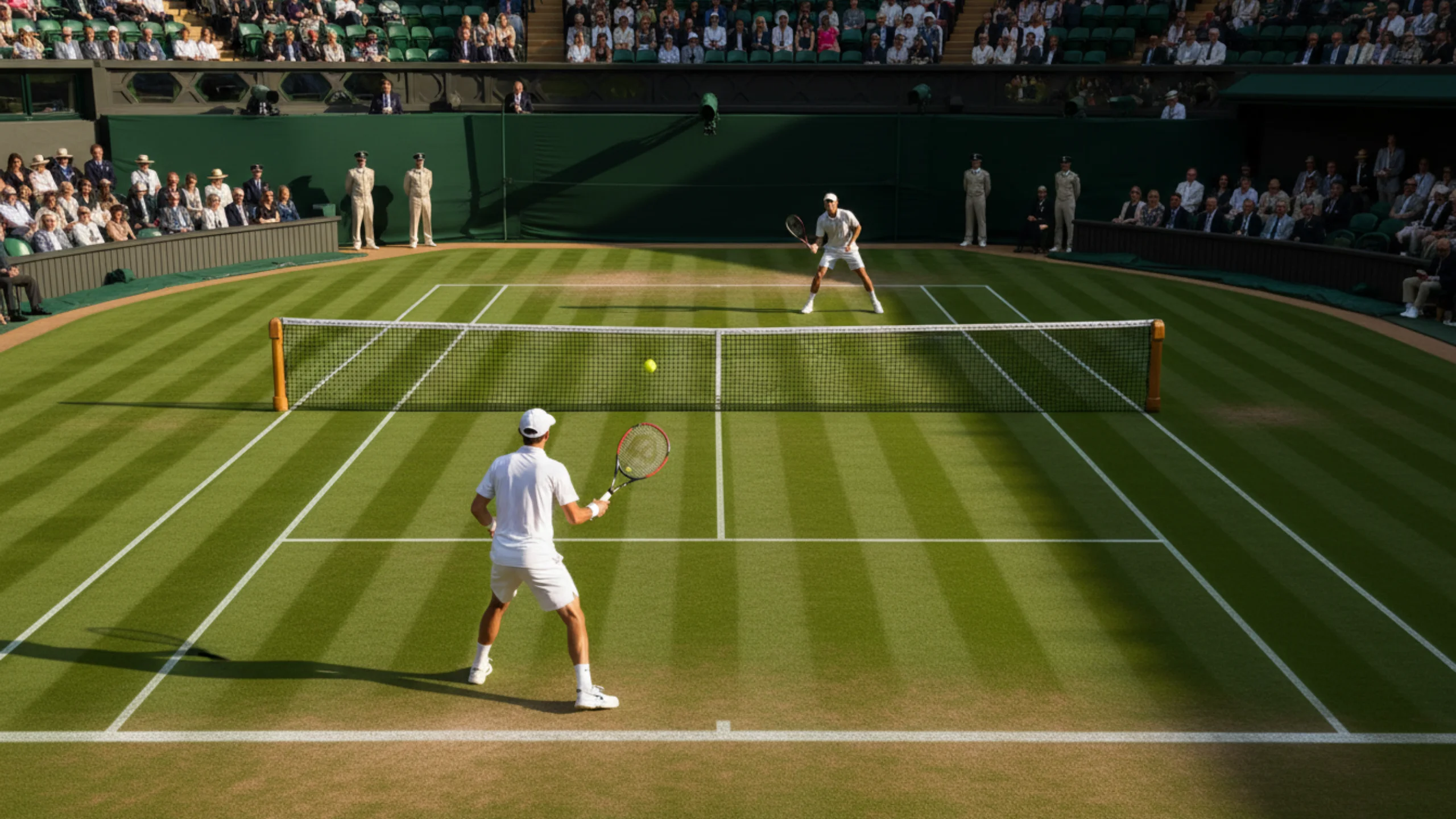 Grüner Rasenplatz beim Wimbledon Turnier mit Spielern im weißen Dress