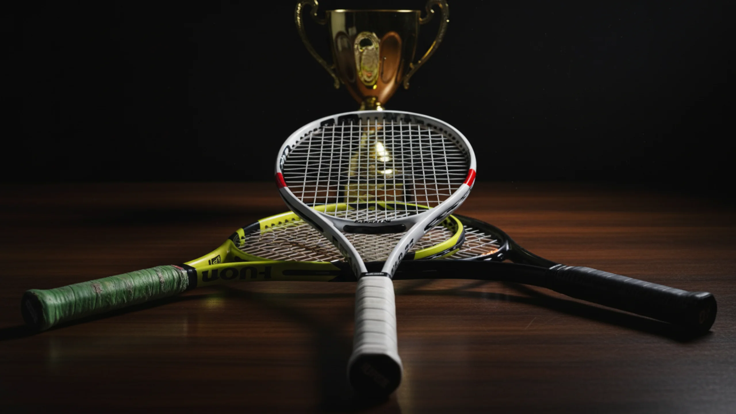 Drei Tennisschläger in dramatischer Komposition mit Goldpokal im Hintergrund
