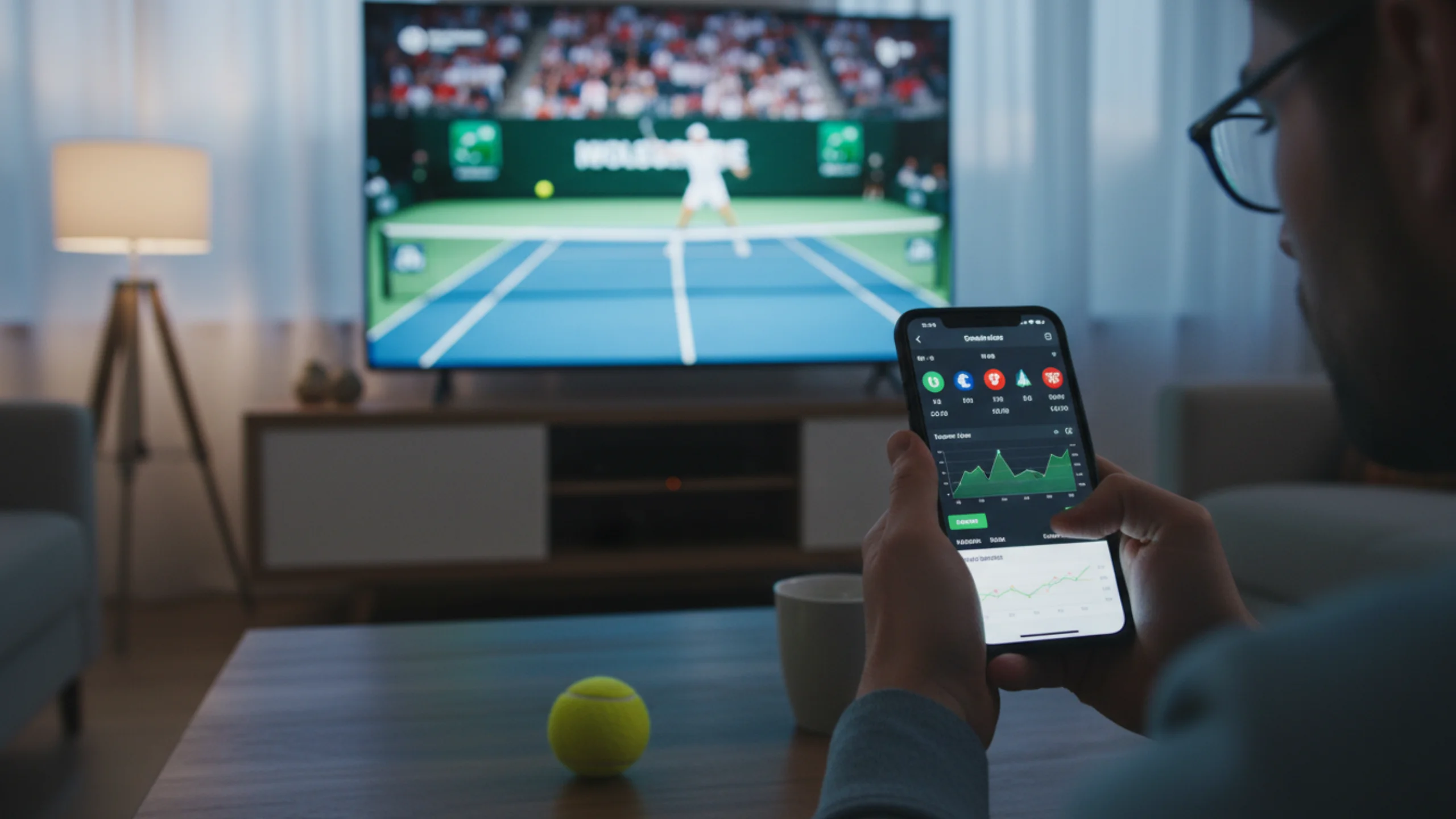 Person mit Smartphone verfolgt Live-Tennismatch auf großem Bildschirm